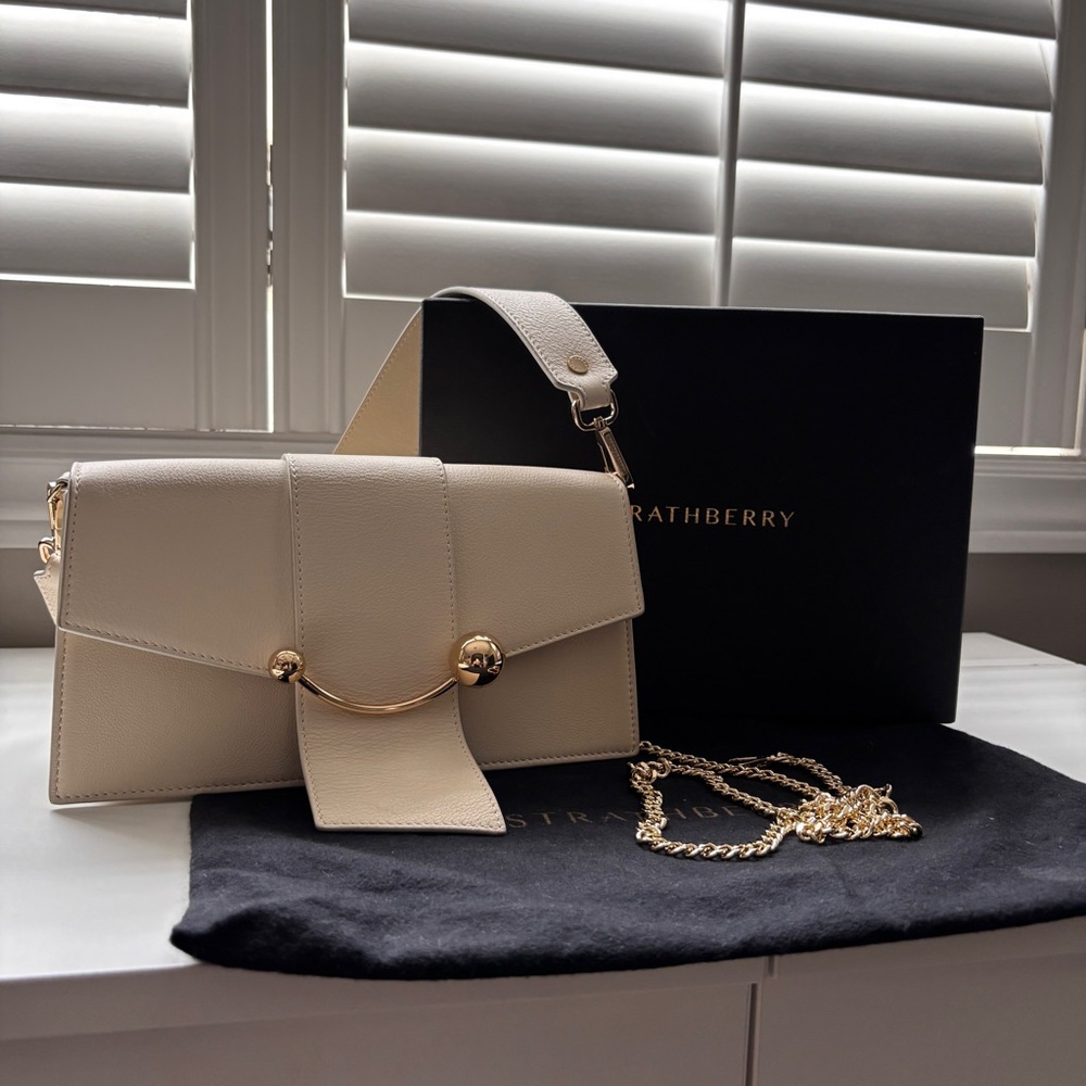 Strathberry Cream Crossbody Bag with Gold Bar Accent